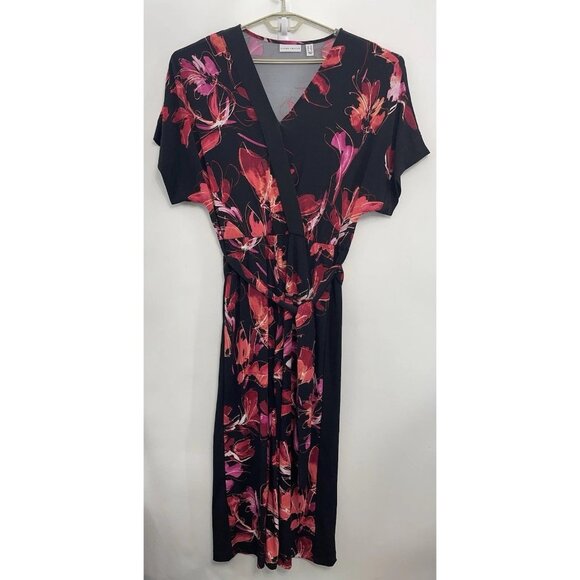 Susan Graver Pants - Susan Graver Jumpsuit Liquid Knit Floral Wrap Wide Leg Black Womens M Petite